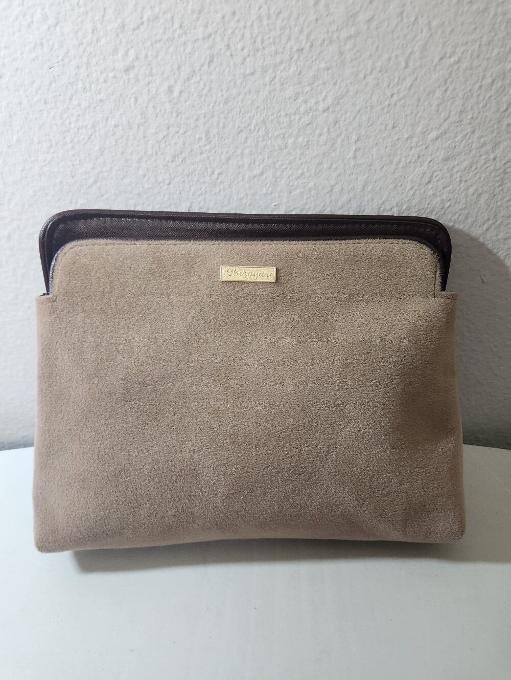 Vintage Menard Japan Shirayuri Suede Cosmetics Pouch Clutch Bag Taupe Brown